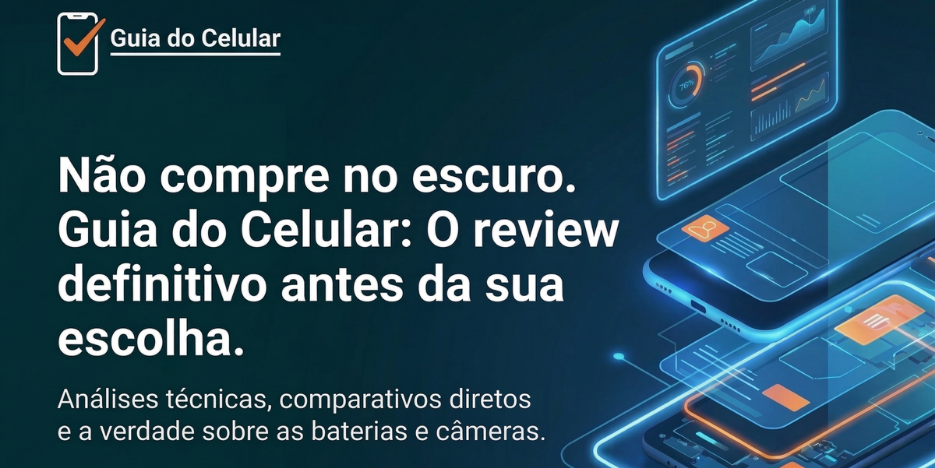 guia-do-celular-reviews-de-celulares-analise-de-celulares-marcas-modelos Infográfico tecnológico do Guia do Celular com interface digital de circuitos e smartphones. O texto destaca: 'Não compre no escuro. O review definitivo antes da sua escolha. Análises técnicas, comparativos diretos e a verdade sobre baterias e câmeras