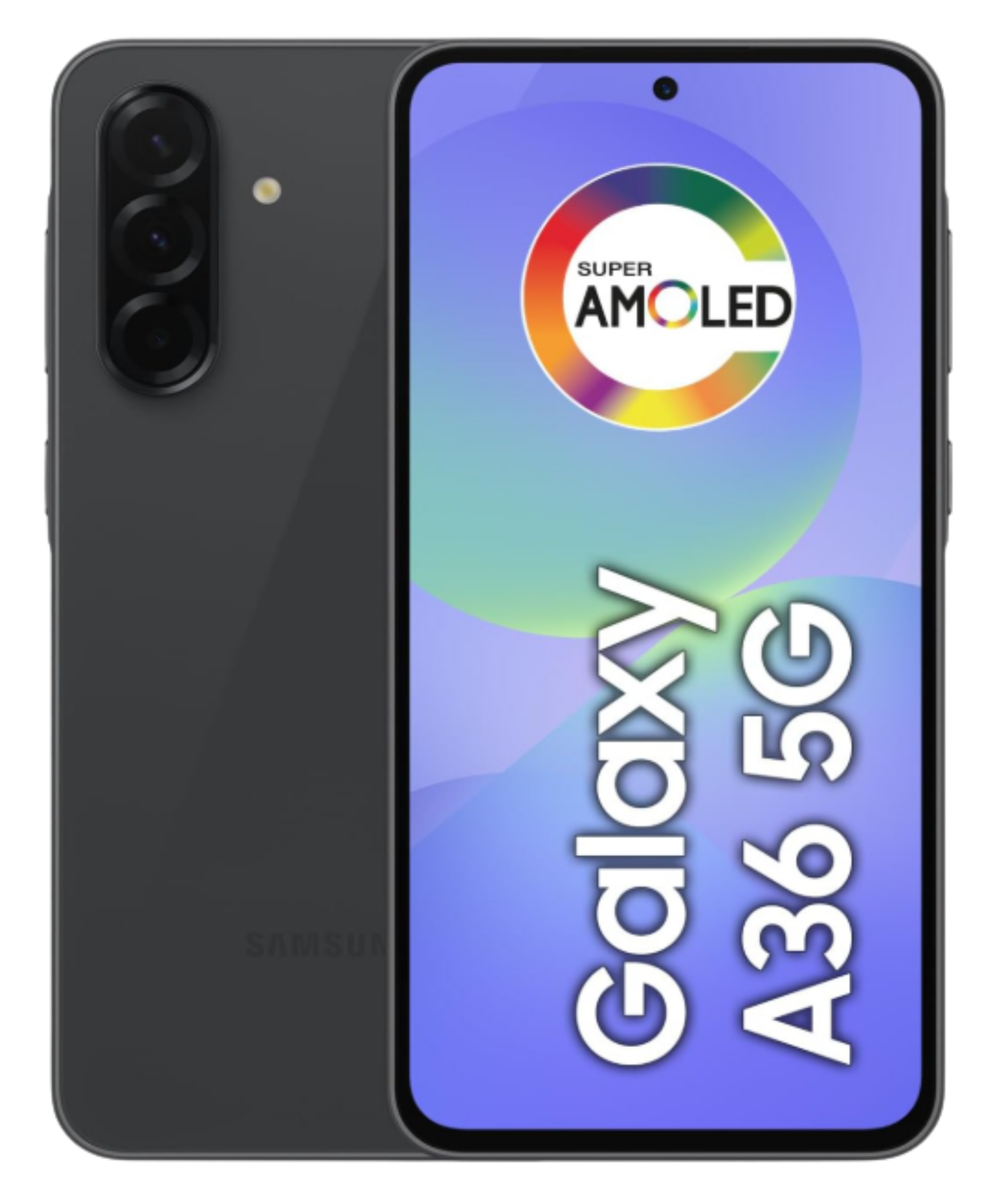 Smartphone Samsung Galaxy A36 5G na cor preta com destaque para o conjunto de três câmeras traseiras e tela infinita.