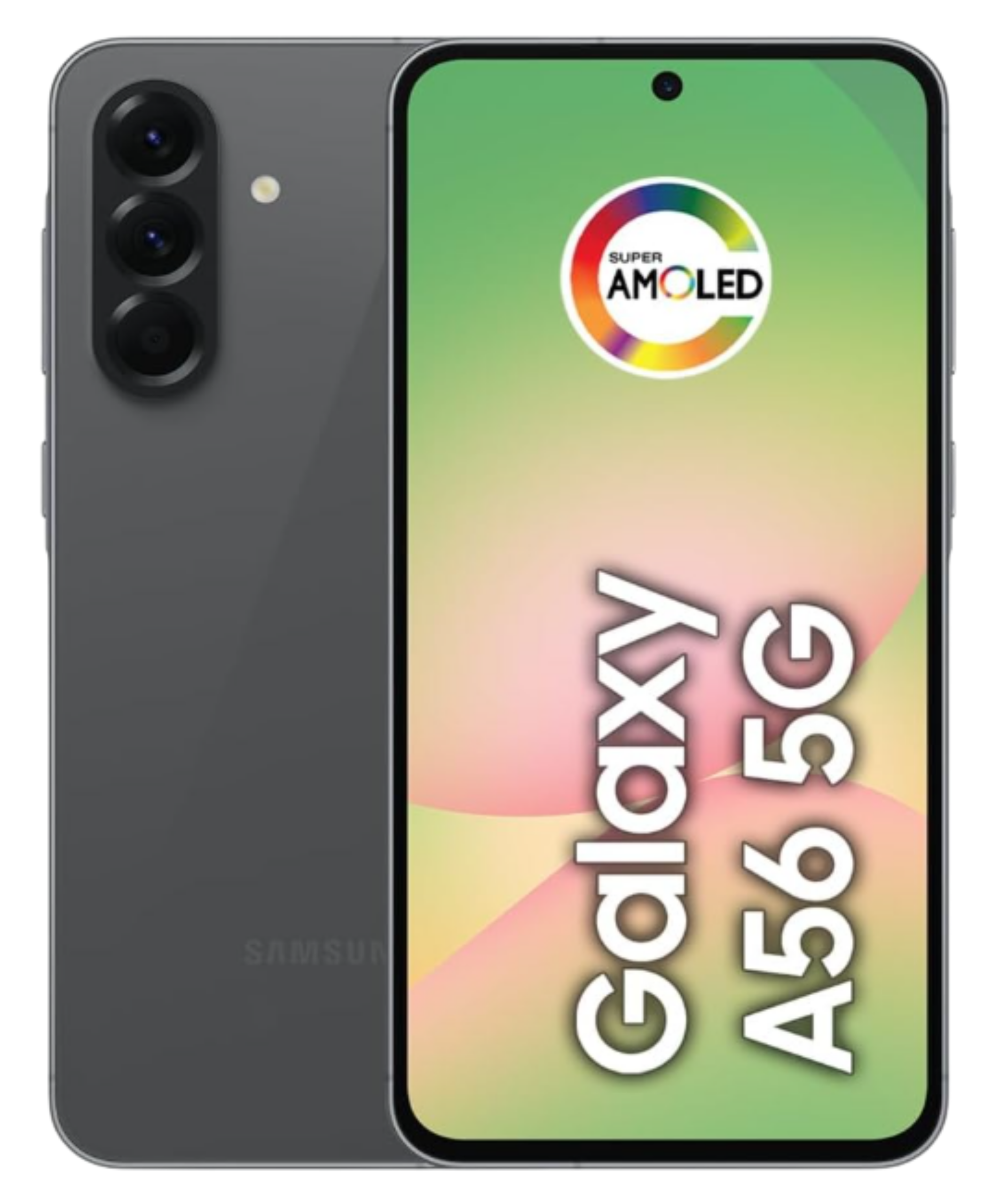 Foto de destaque do Samsung Galaxy A56 5G com acabamento premium e tela infinita, apresentada no grid de reviews do Guia do Celular como a melhor performance da linha A.